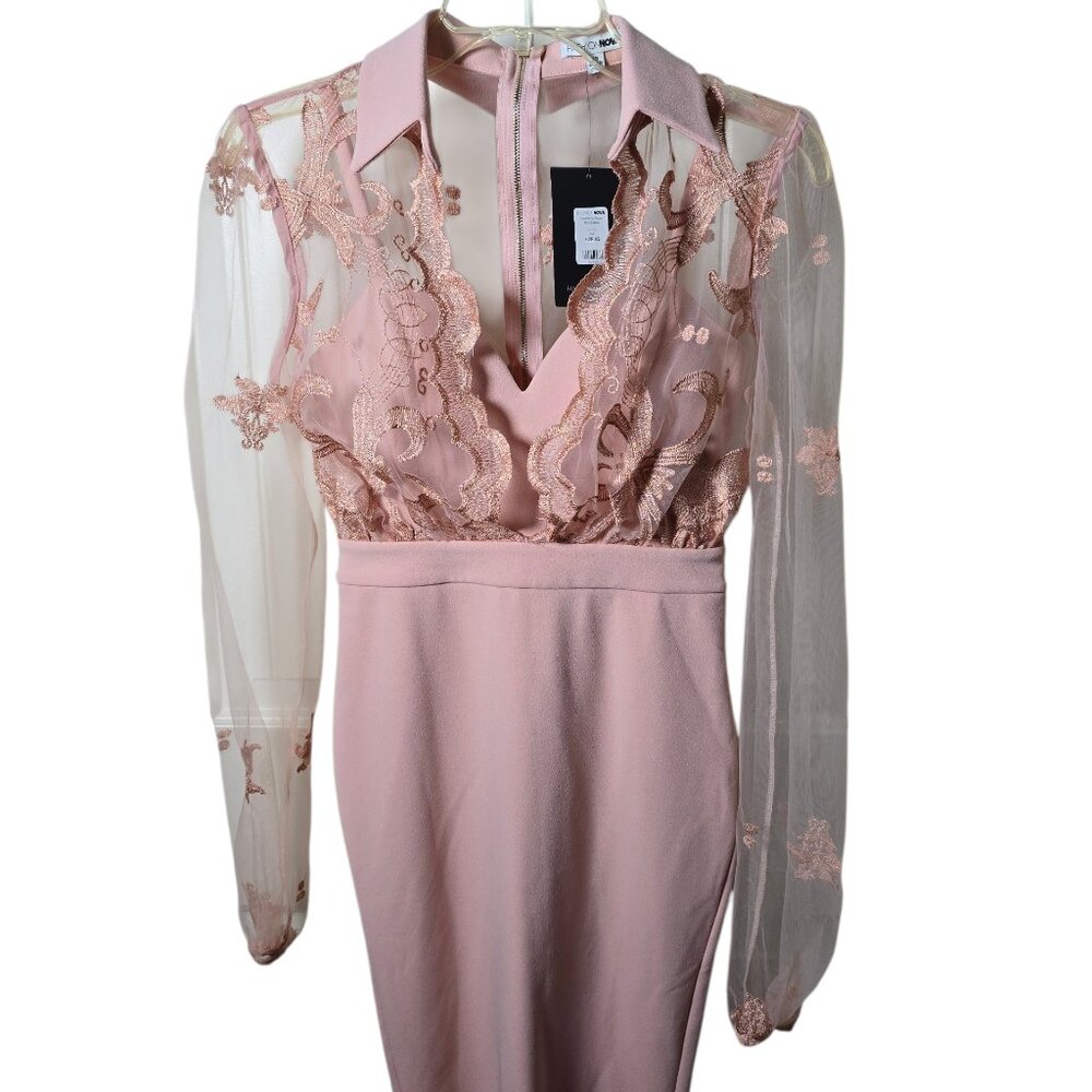 Forever 21 Pink Coquette Lace Embroidered Dress XS Sheer Mesh Sleeve Cocktail